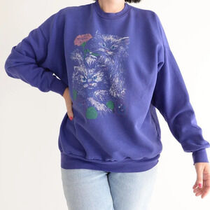 Vintage  Purple with Cats and Flowers Crewneck Sweater